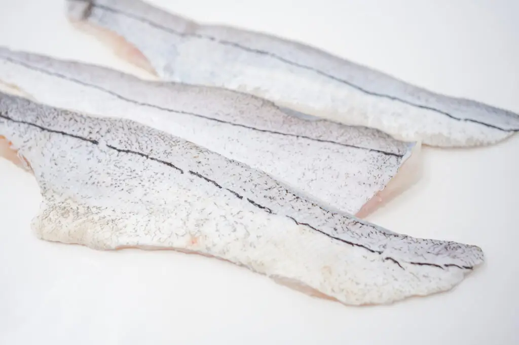 Three raw, wild-caught haddock fillets displayed on a plain white background, highlighting their fresh, smooth texture and natural pale color.